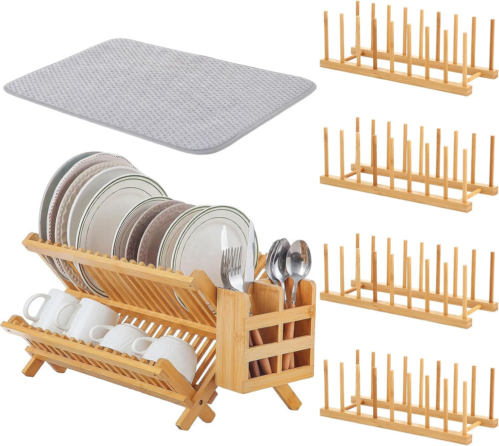 6 Pcs Plate Organizer Set for Cabinet 2 Tier Bamboo Collapsible Dish Rack wit...