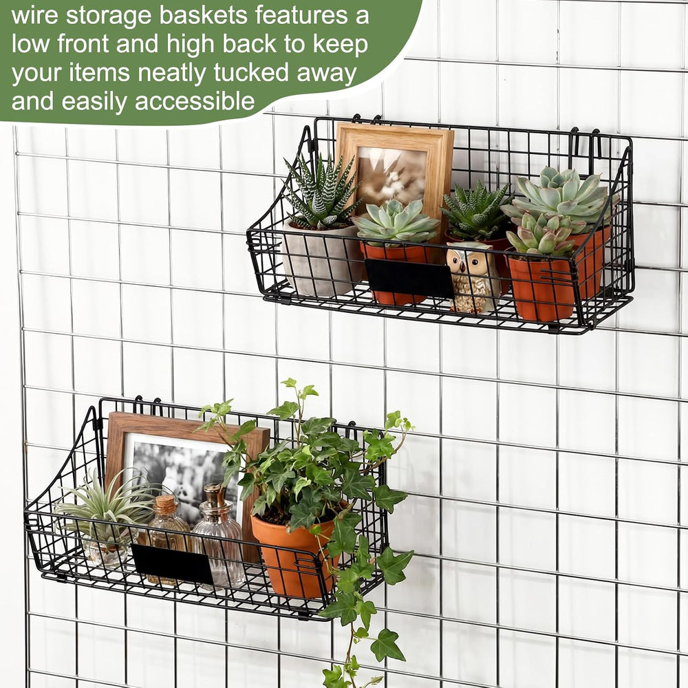 Blulu 4 Pcs Grid Wall Baskets, Wire with Hooks for Hanging, 15 x 7 x 6 Inch