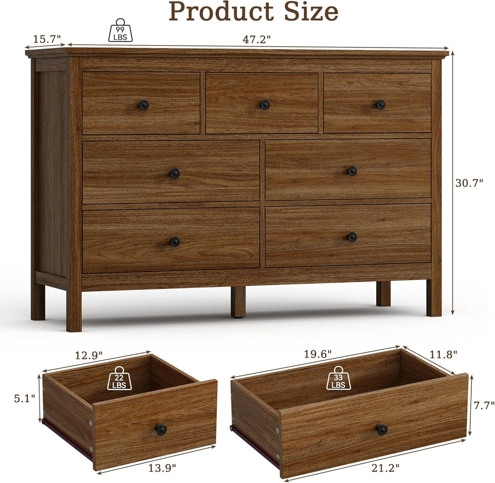 CARPETNAL 47" Walnut Dresser for Bedroom with 7 Drawer & Metal Handles