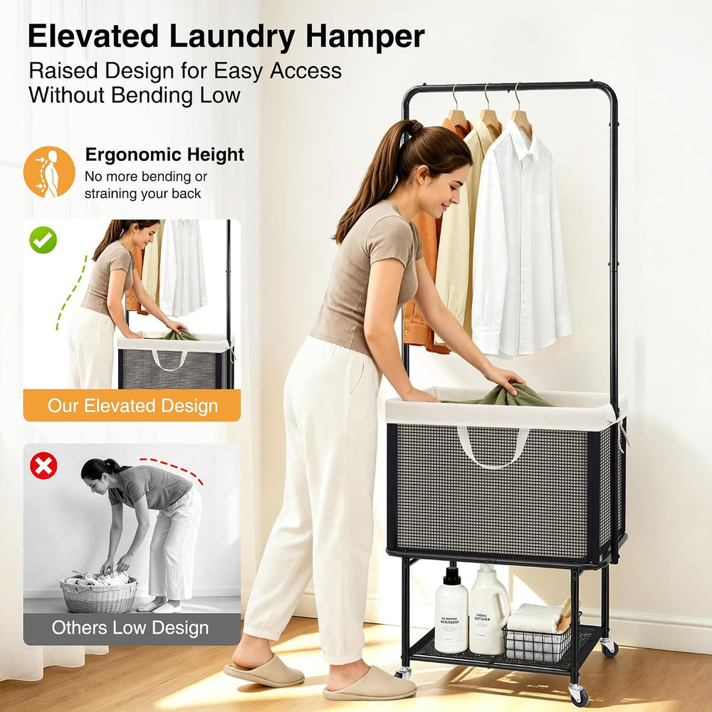 STO STO Rolling Laundry Cart with Hanging Bar, Laundry Hamper with Wheels