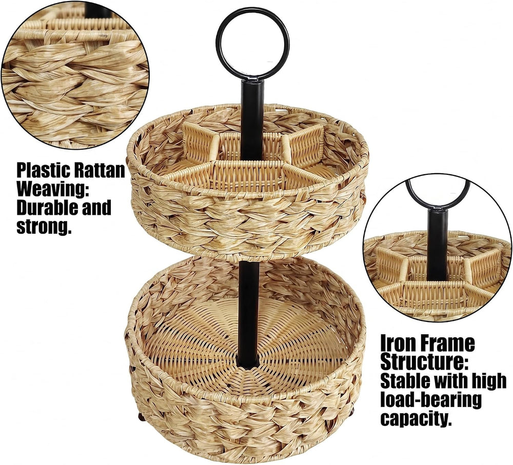 2-Tier Round Faux Rattan Wicker Storage Basket with Metal Frame, Countertop O...