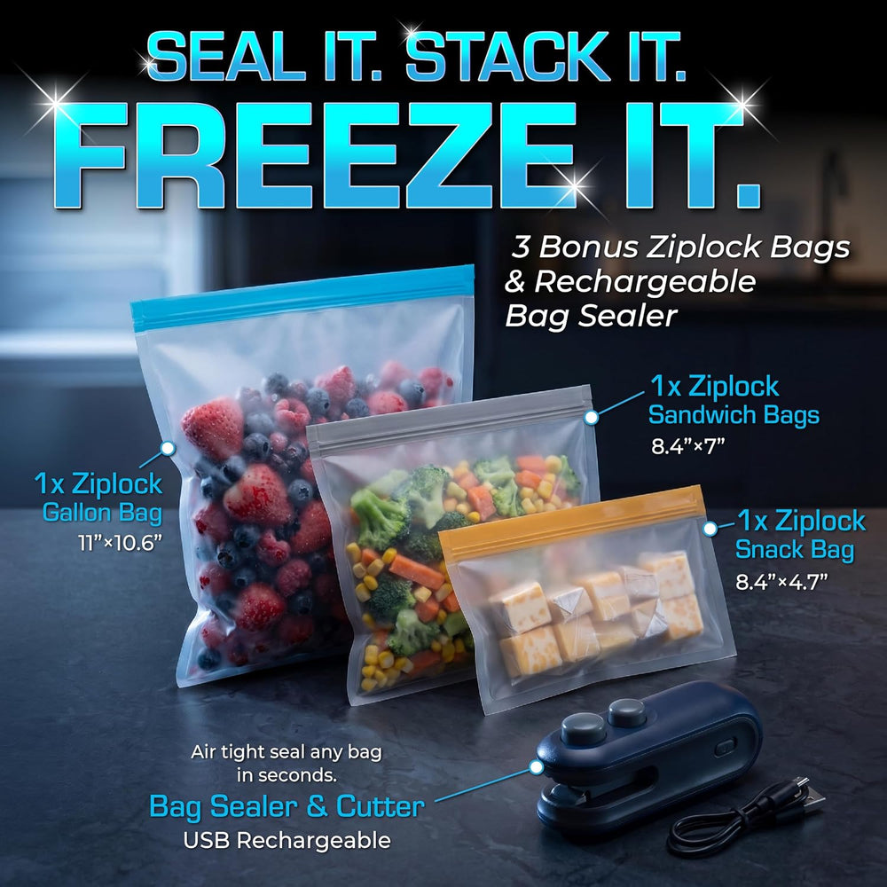 Deep Freezer Organizer Bins 4-Pack White with Portable Heat Sealer & Reus...