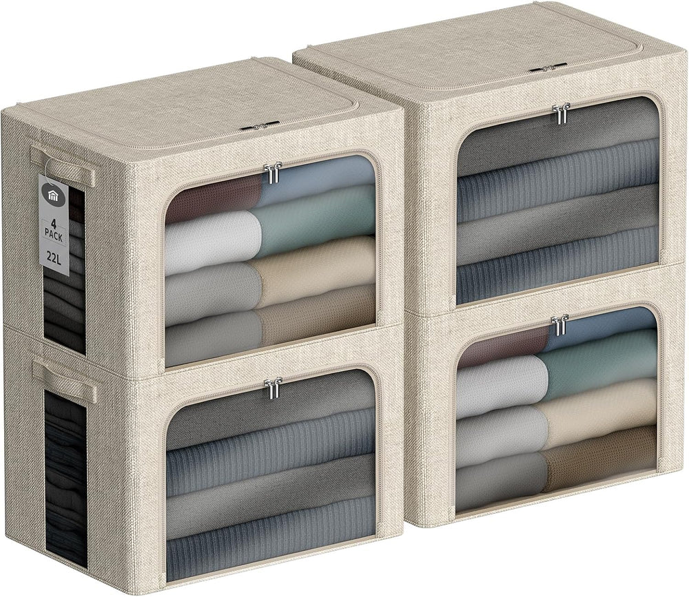 4 Pack Clothes Storage Bins with Metal Frame - 22L Stackable Storage Box with...
