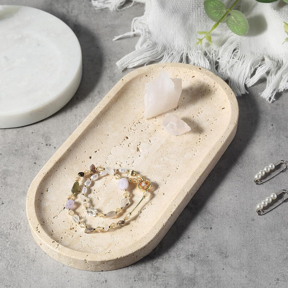 Natural Marble Tray for Bathroom Counter, 10" x 5" Travertine Marbl...