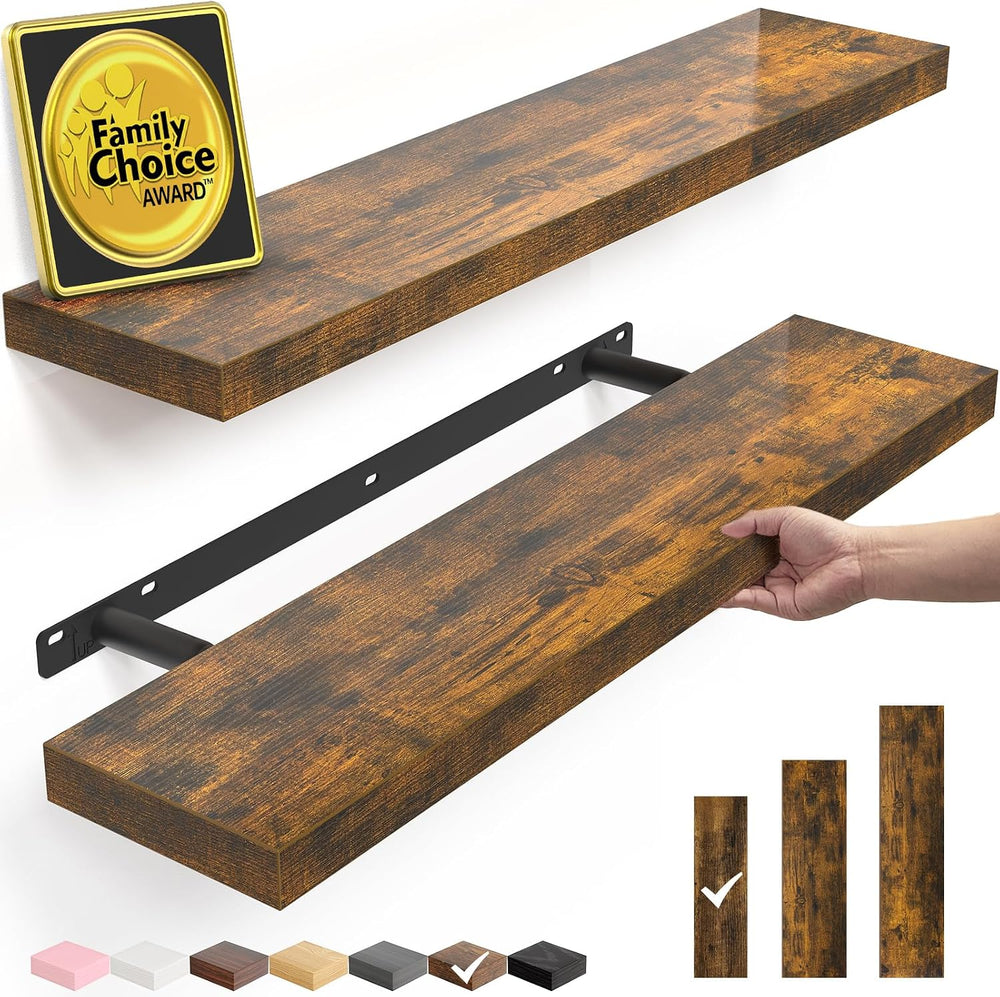 BAYKA Rustic Brown Floating Shelves 22.5in, Set of 2, Wall Mount Wood Shelf