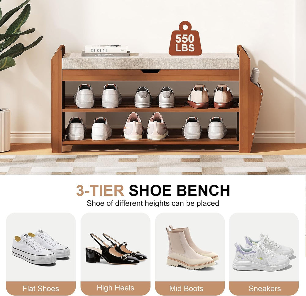 PETKABOO 31.5" Shoe Bench with Coat Rack Hidden Drawer and Side Holder, ...