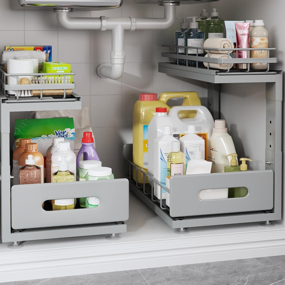 Under Sink Organizer Upgrade To Professional Rails,2-Tier Dual Pull Out Cabin...