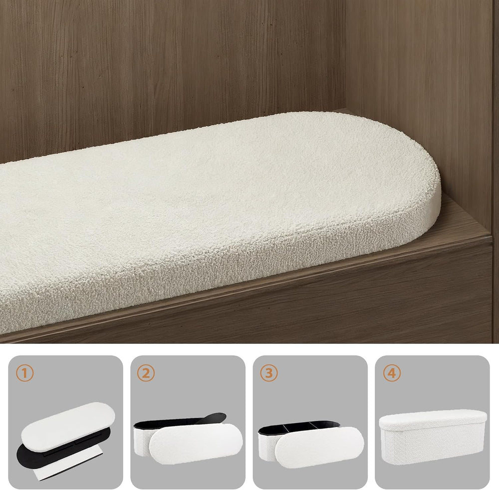 GLAXYFUR Oval Ottoman with Storage for Living Room, Sherpa Bench, Beige