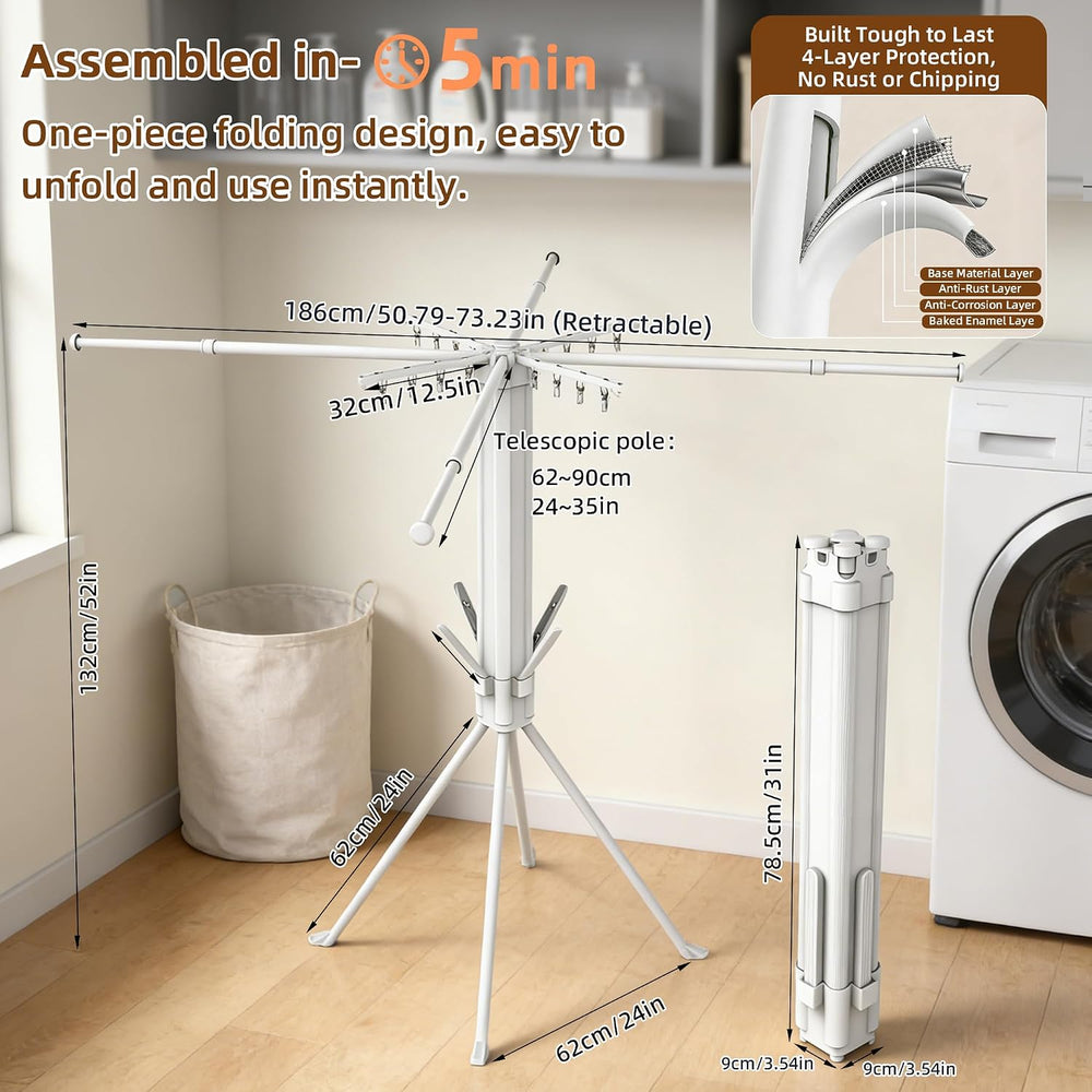 Clothes Drying Rack Foldable, 4-Leg Base, 16 Clips, 4 Shoe Holders