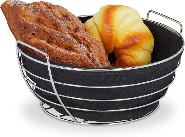 Relaxdays Metal bread basket, with removable fabric insert, round, breakfast basket for bread and rolls, Ø 23 cm, black