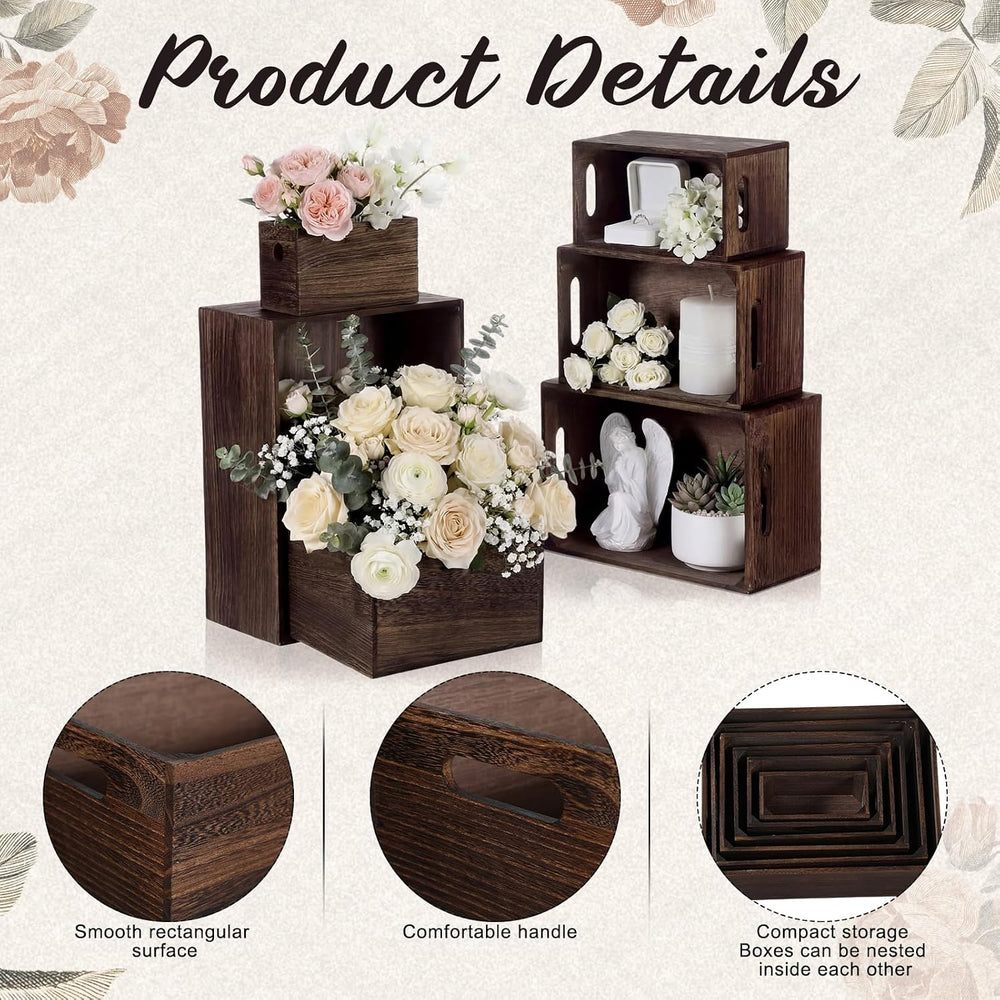 AceOrbit Set of 6 Rustic Wood Crates, Nesting Storage Boxes,Dark Brown