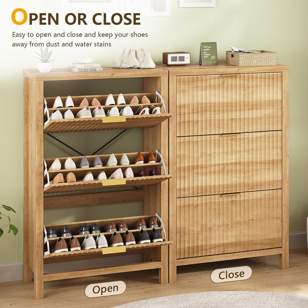 32" Fluted Shoe Cabinet Storage with 3 Flip Drawers for Entryway, Hallway