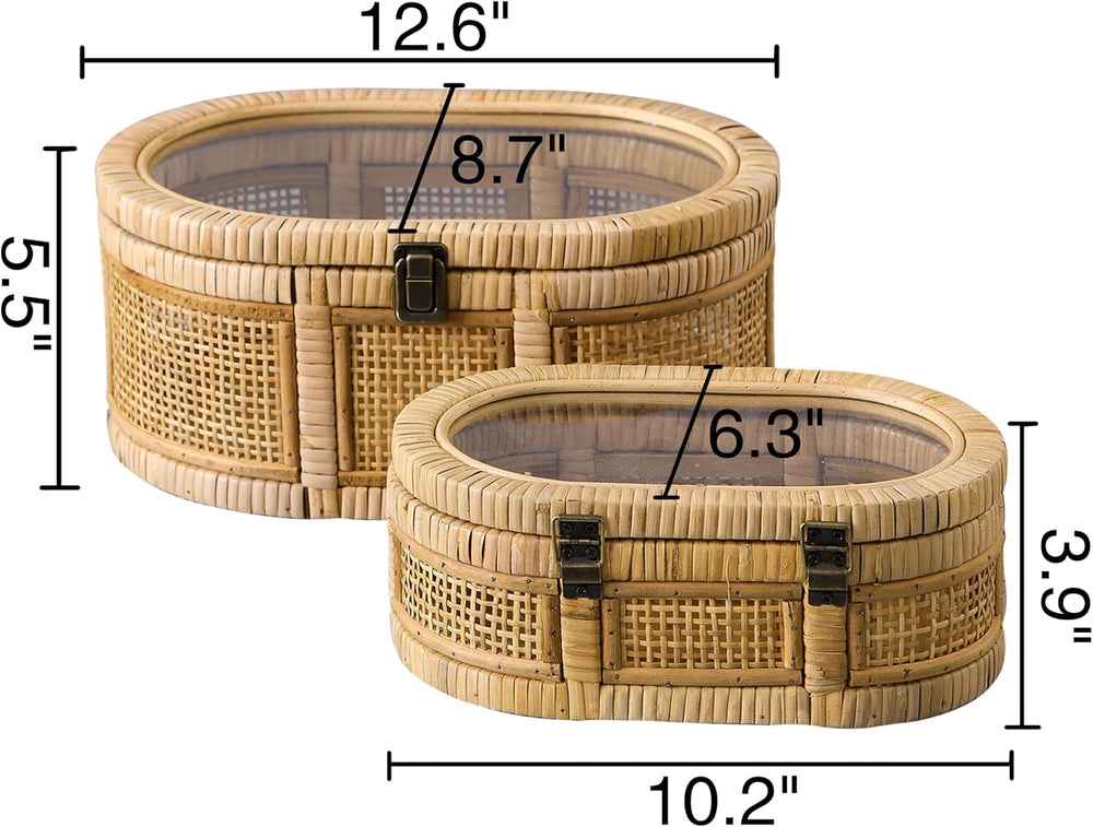 SOFE Oval Rattan Boxes with Glass Lid Set of 2, Handwoven Boho Storage Bins