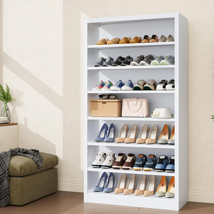 Tall Shoe Cabinet, 7 Tiers 30-35 Pairs Heavy Duty Metal Freestanding Shoe Rack, Vertical Shoe Storage Organizer with Adjustable Shelves, Shoe Shelf for Entryway, Bedroom (White, 55" H)
