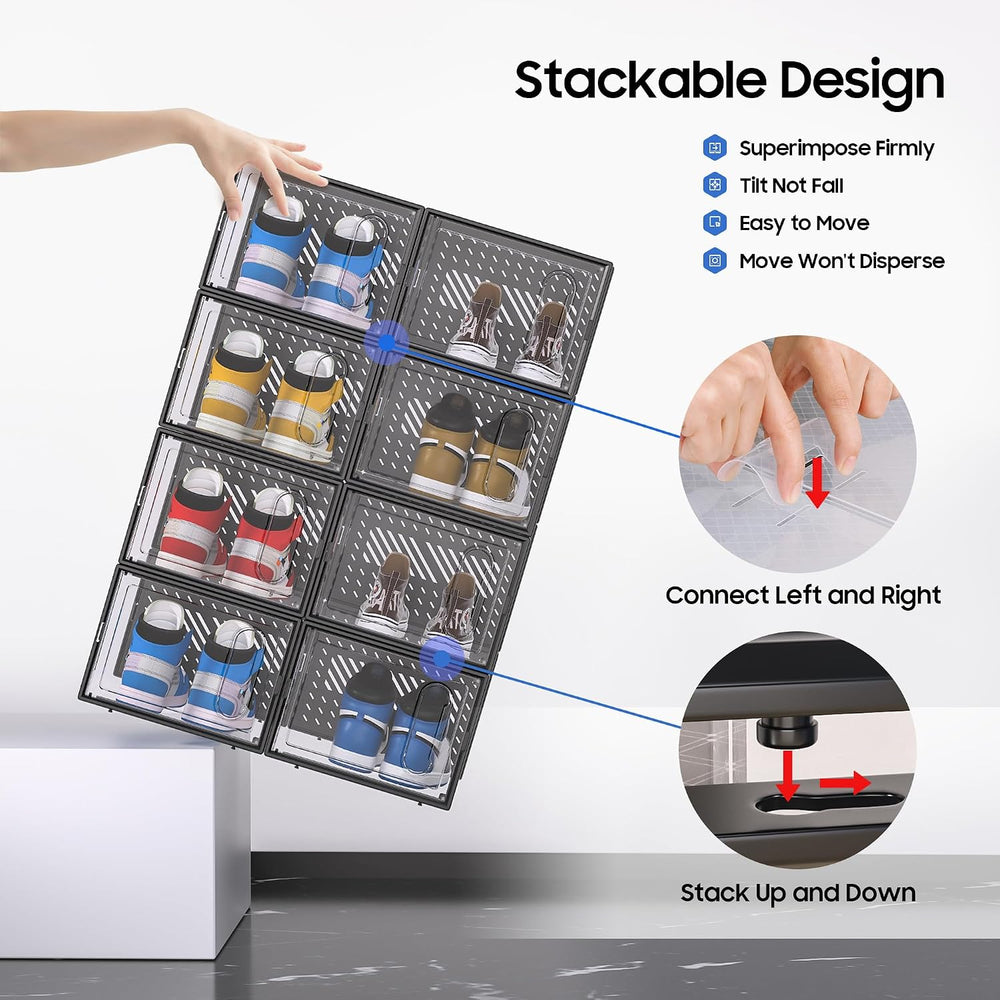 eWonLife X-Large Shoe Boxes with Magnetic Door, 12-Pack Stackable Shoes Stora...