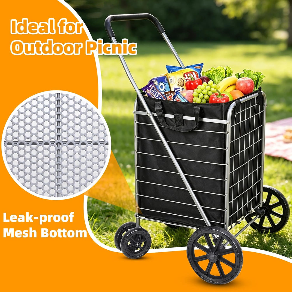 Folding Shopping Cart with Large Front Wheels, Grocery Cart with Waterproof L...
