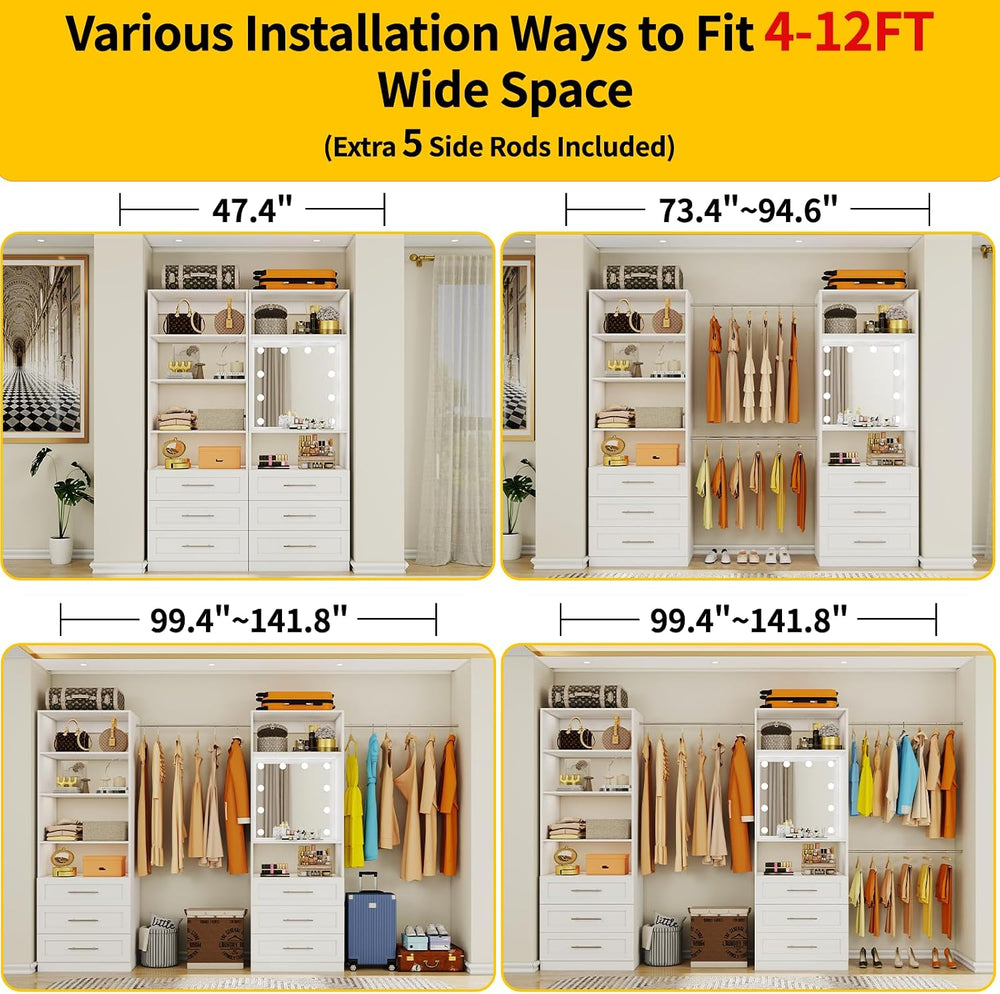Closet System with 6 Drawers & Mirror, 4-12FT Closet Organizer System wit...