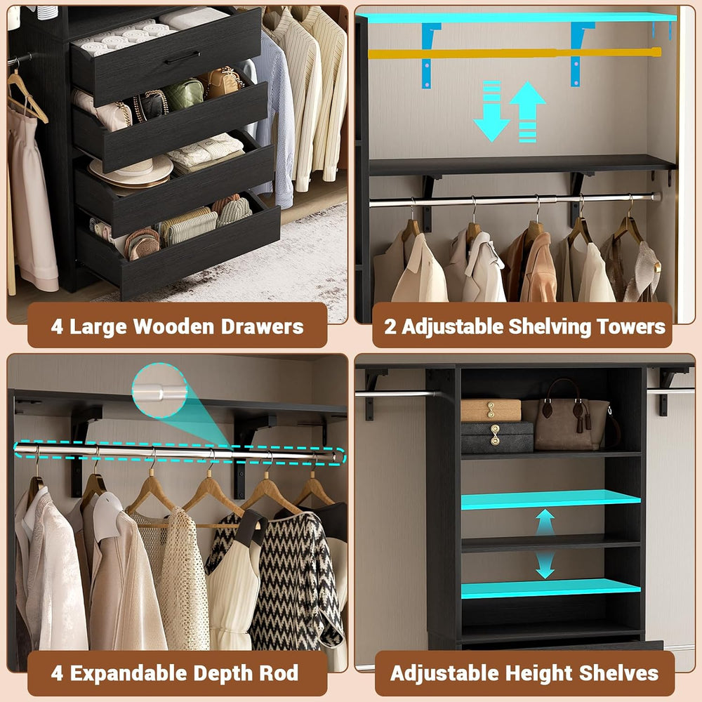 Aheaplus Closet System with 4 Drawers, 8FT Wood Closet Organizer System