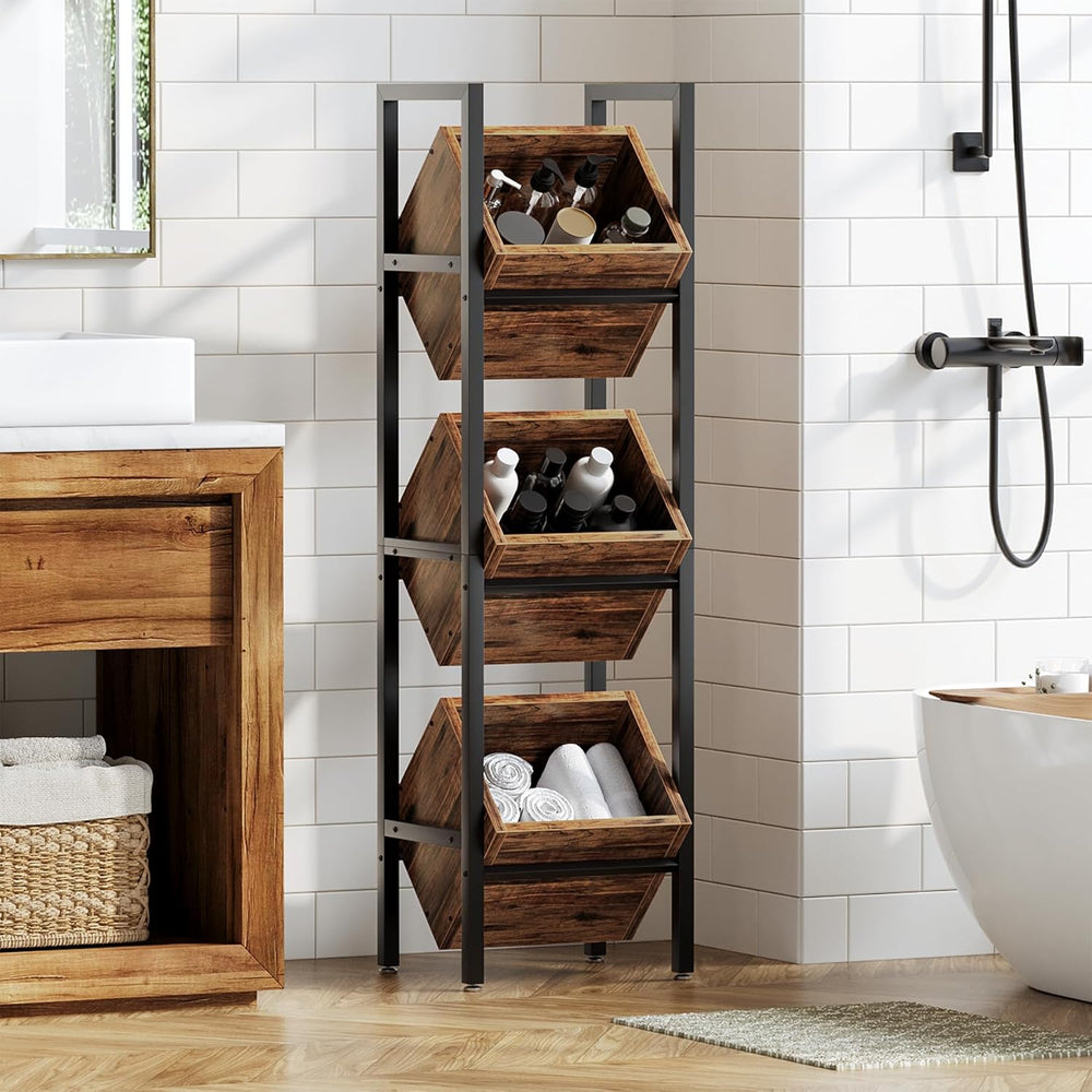 LITTLE TREE 3-Tier Basket Stand, Wooden Floor Stand Shelving Unit, Standing O...