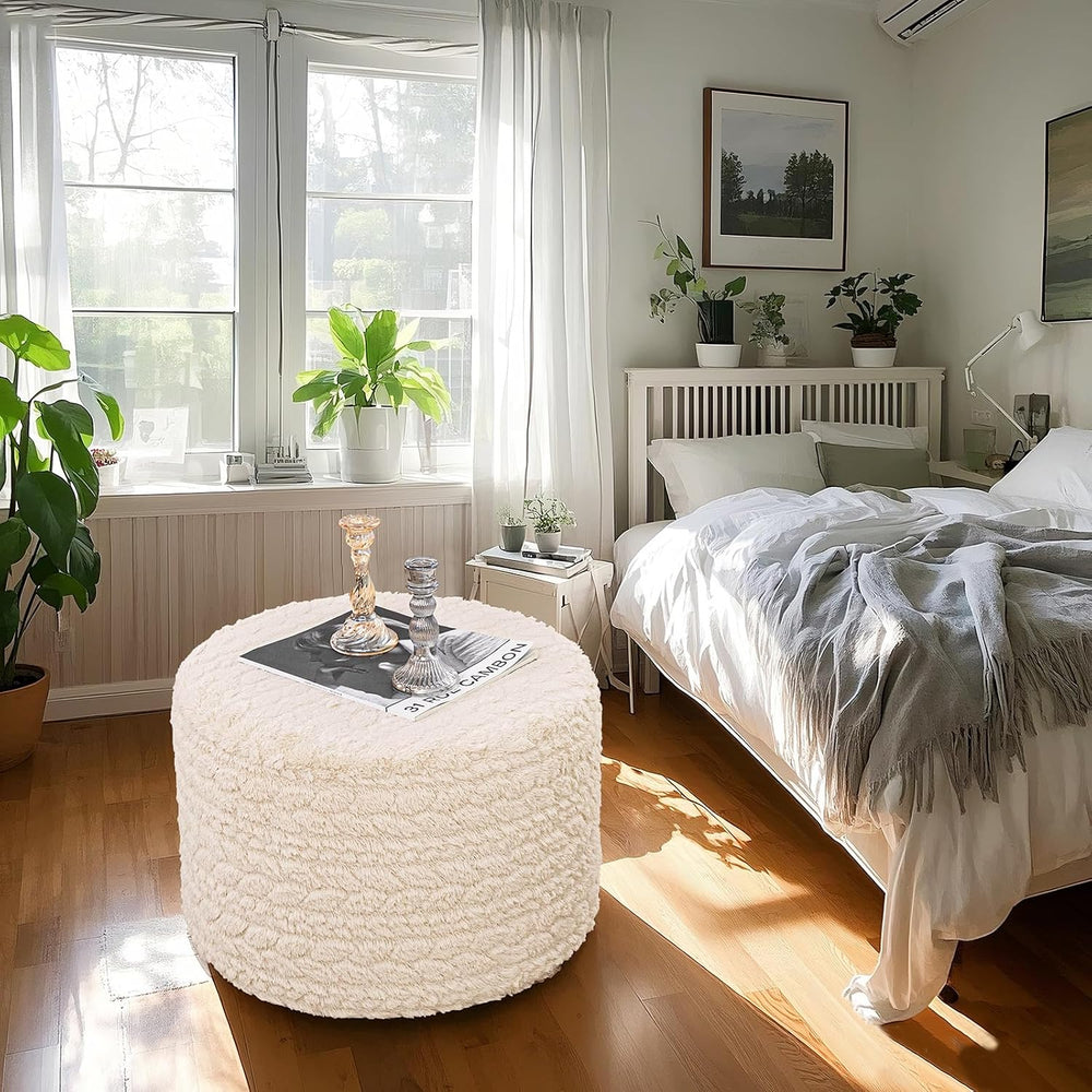 Round Pouf Ottoman Footstool 20x14In Ottoman Footrest for Couch Linen White