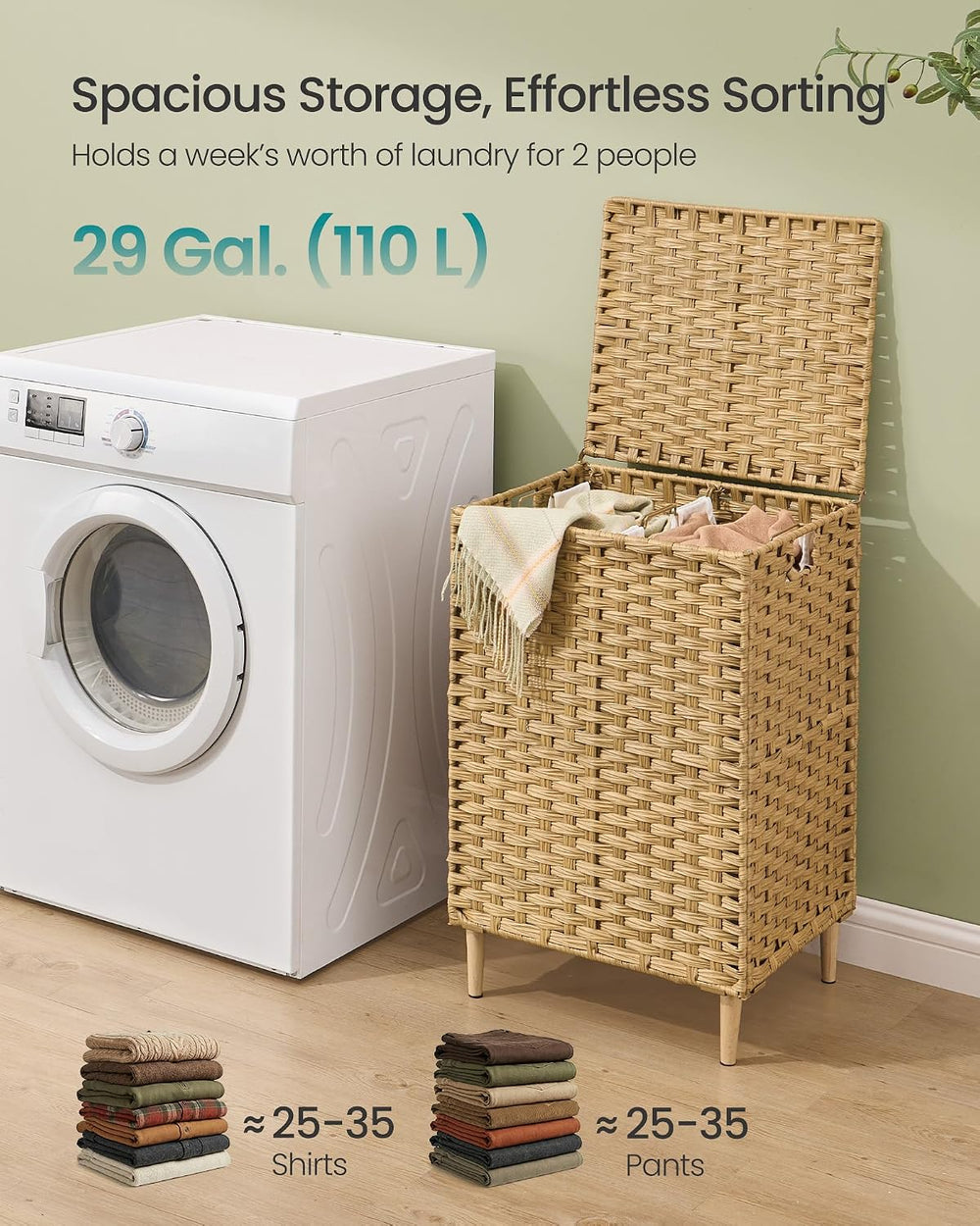 SONGMICS 2-Section Laundry Hamper with Lid, PE Rattan, 29 Gallons (110 L)