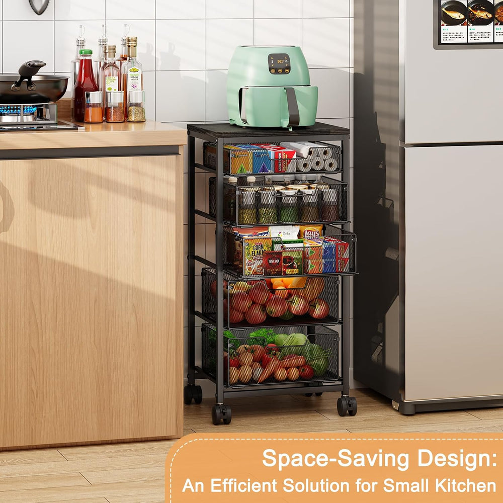 Kitchen Storage Cart with Drawer, 5-Tier Fruit Vegetable Storage Cart, Kitche...