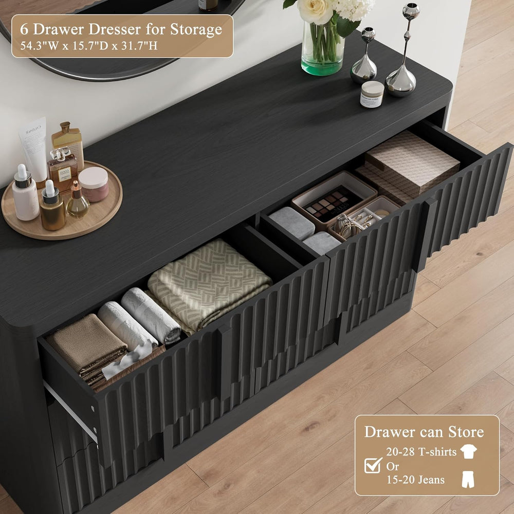 Fluted Dresser for Bedroom, 47" Wide 6 Drawer Dresser, Modern Chest of D...