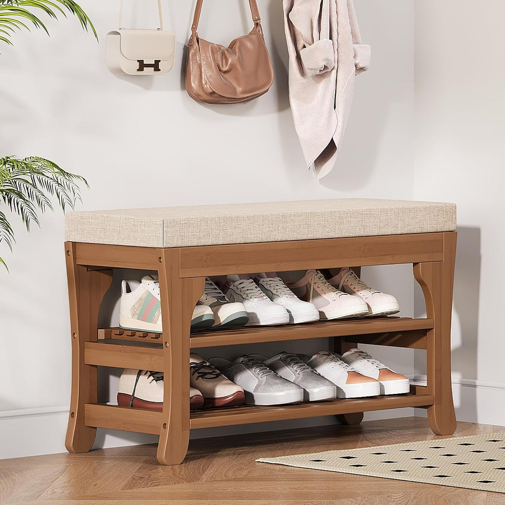 PETKABOO 27.6" Shoe Storage Bench with Cushion, Bamboo Shoe Rack Bench, ...