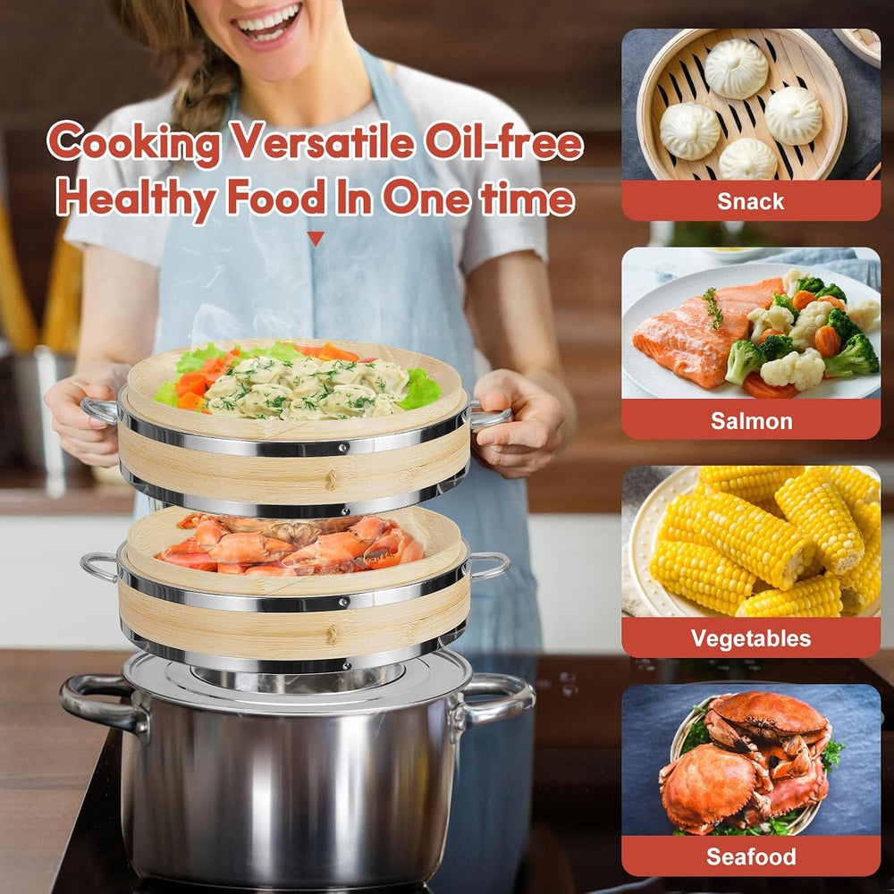 10 Inch Bamboo Steamer Basket Set, 2-Tier with Heat-Resistant Handles and Sta...