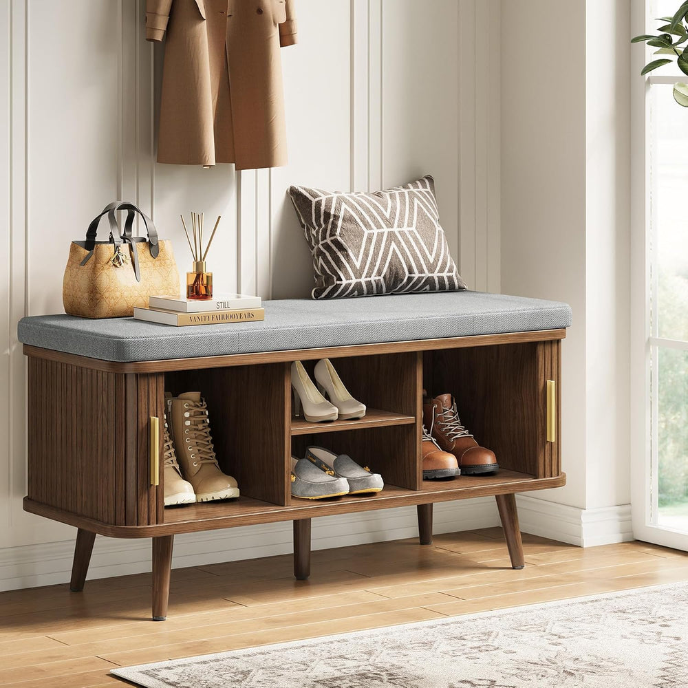 Decofy Shoe Storage Bench with Cushion and Sliding Doors, 39 Inch Shoe Bench ...