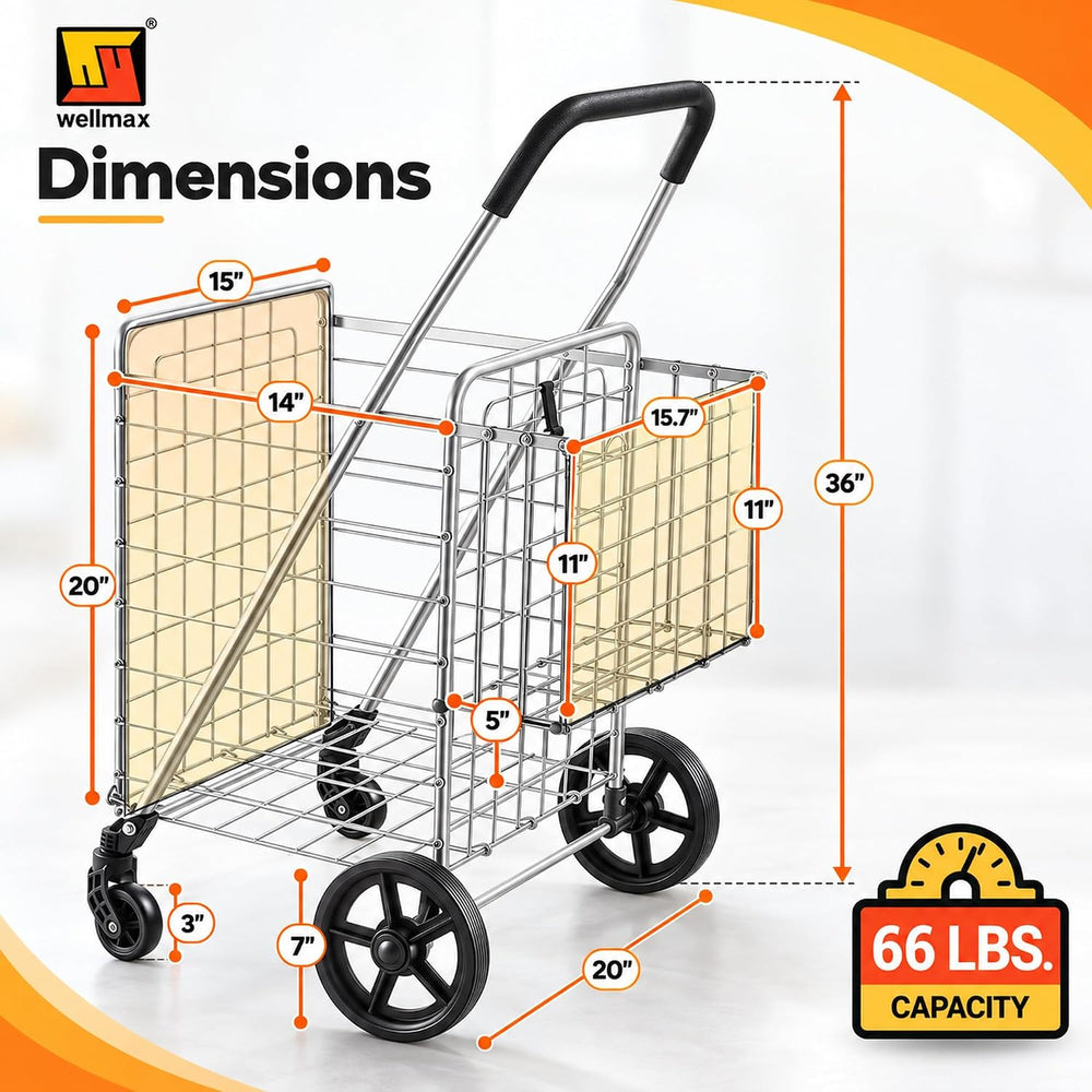 Wellmax Folding Shopping Cart for Seniors, Metal Grocery Cart, 66 lb Max