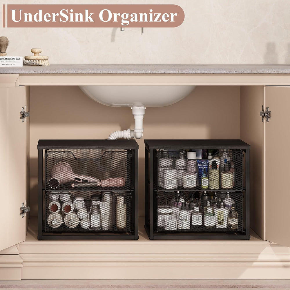 2-Tier Stackable Storage Drawers, Breathable Wire Mesh with MDF Top