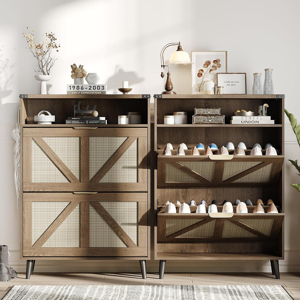 Halitaa Shoe Cabinet with 2 Flip Drawers & Open Storage,Farmhouse Shoe St...