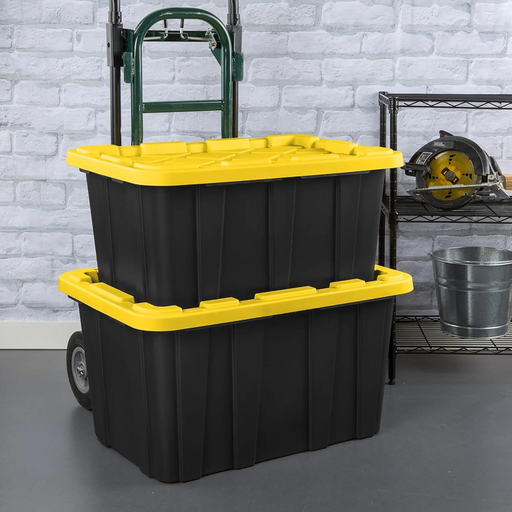 27 Gallon Durable Plastic Storage Tote with Snap-On Lid, Black and Yellow, He...