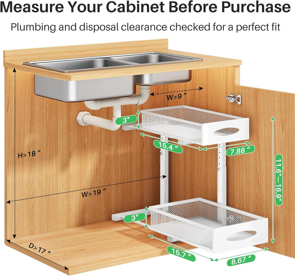 Under Sink Organizer, 2 Tier Pull out Cabinet Organizer Baskets with Mesh Sli...