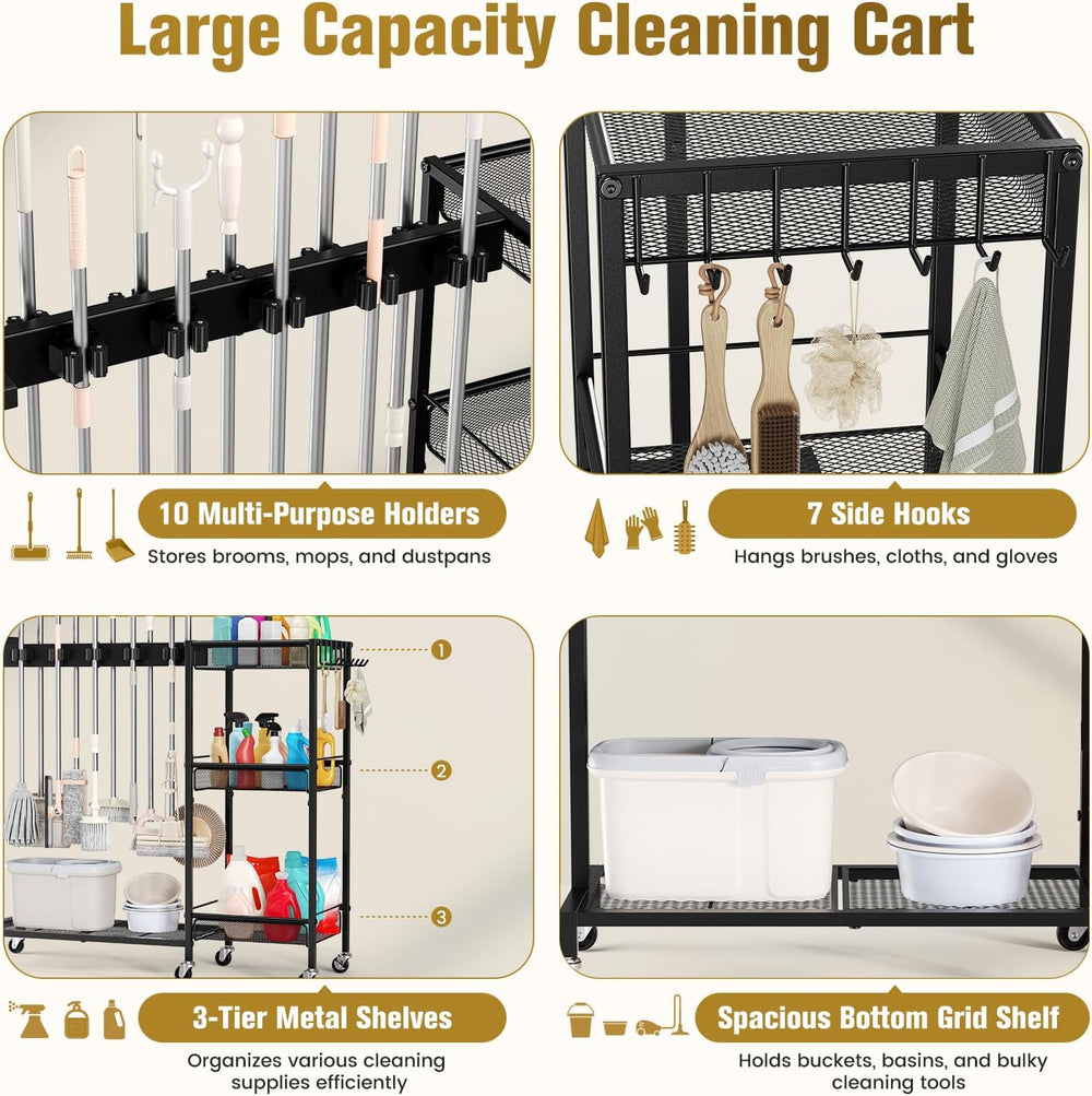 Broom Holder with Cleaning Supplies Organizer, Cleaning Utility Cart on Wheel...