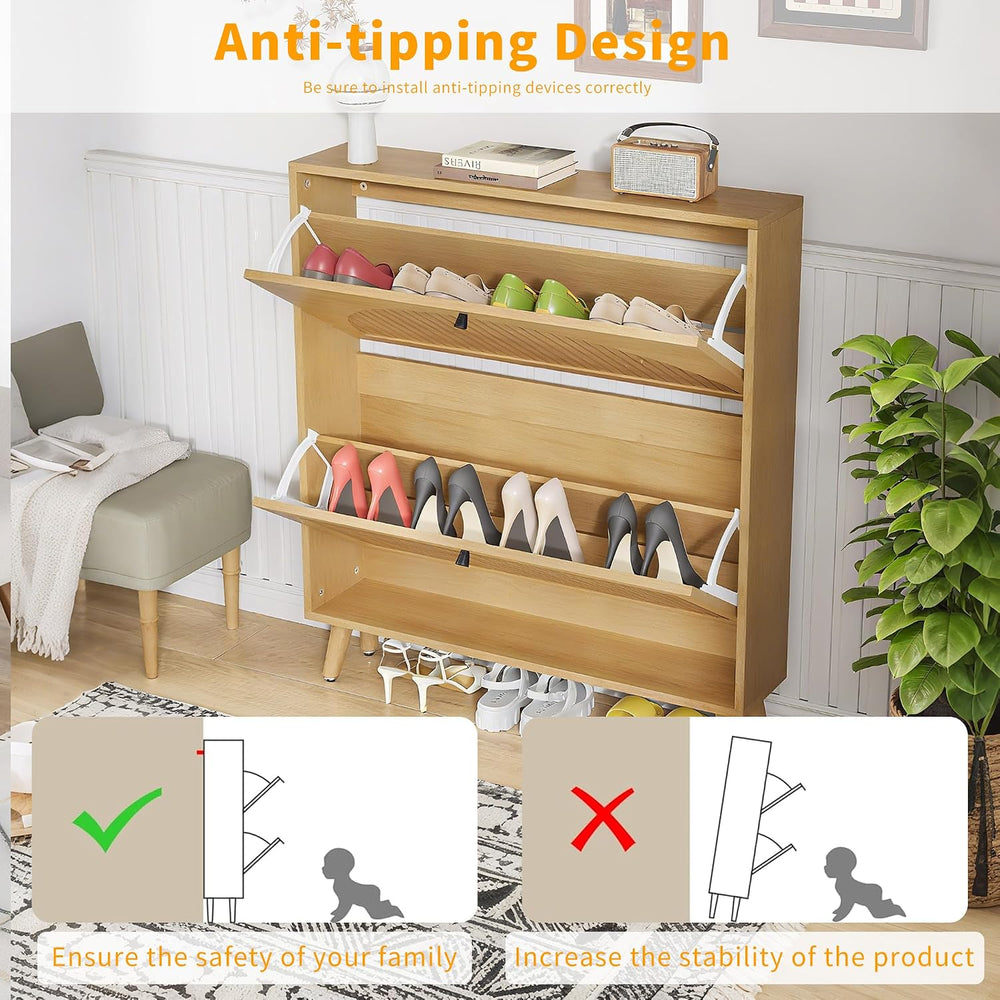 Fsbecl Shoe Storage Cabinet for Entryway with 2 Fluted Flip Drawers, Oak