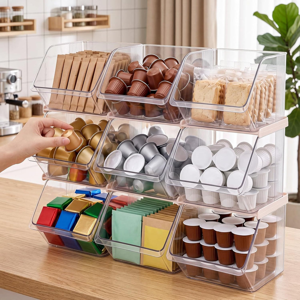 9 Pcs Stackable Plastic Storage Bins, Open Front, Clear