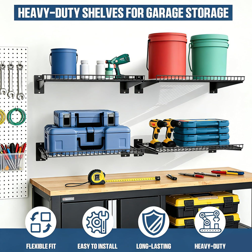 Garage Wall Shelving 24"x16.5" 2-Pack, Wall Mounted Shelves, Black