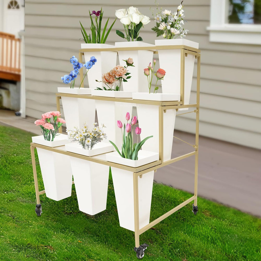 Flower Display Stand, Flower Stand Shelf w/Plastic Buckets & Moving Plant...