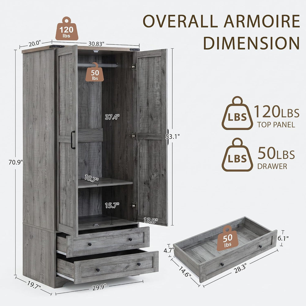 Brafab Wooden Armoire Wardrobe Closet with Drawers, Grey, 71" Tall,Set of 2
