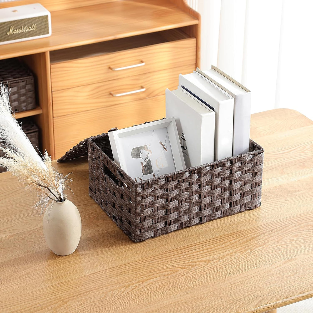Woven Storage Bins With Lids Shelf Baskets Wicker Organizing Rattan Boxes Han...