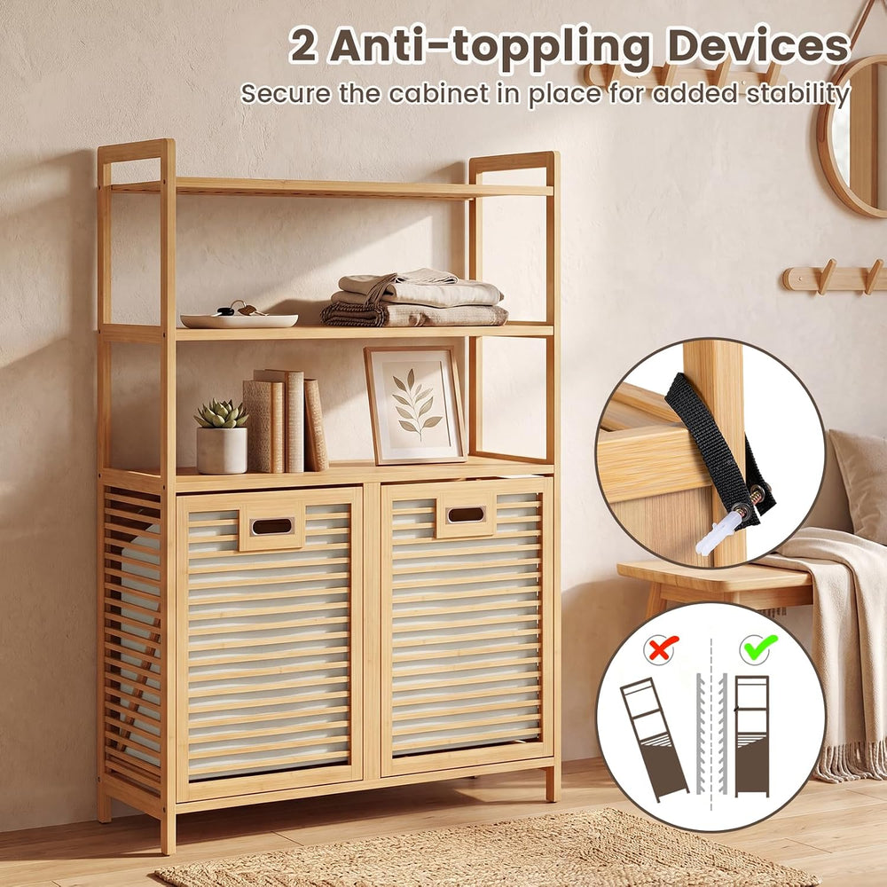 GOFLAME Bamboo Double Tilt Out Laundry Hamper Cabinet with Shelves
