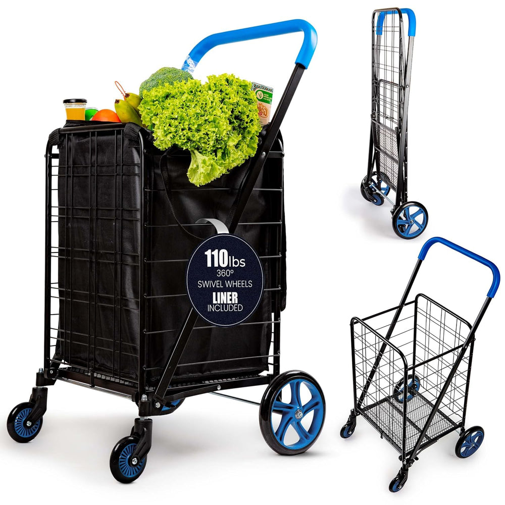 SereneLife Large Folding Utility Shopping Cart with Removable Liner – Heavy D...