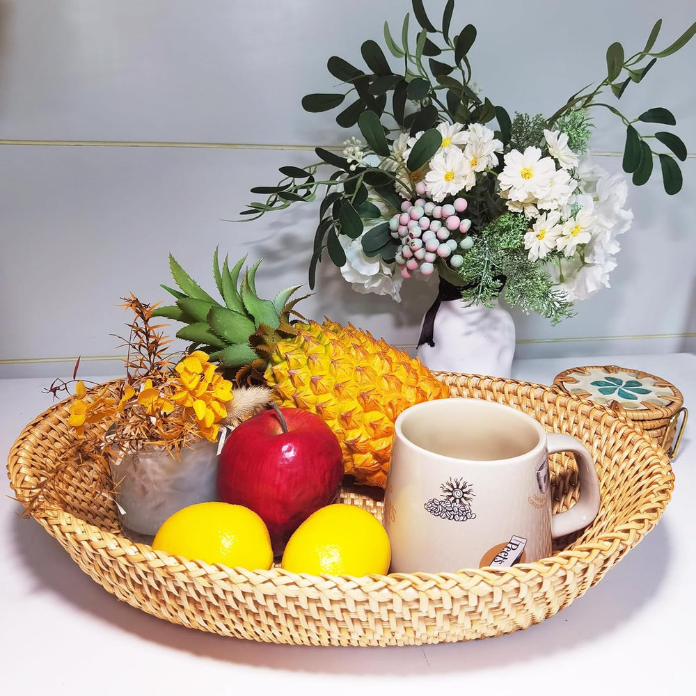 i-lan 2-Pack Oval Rattan Bread Baskets, 12 & 15 Inch Wicker Serving Set