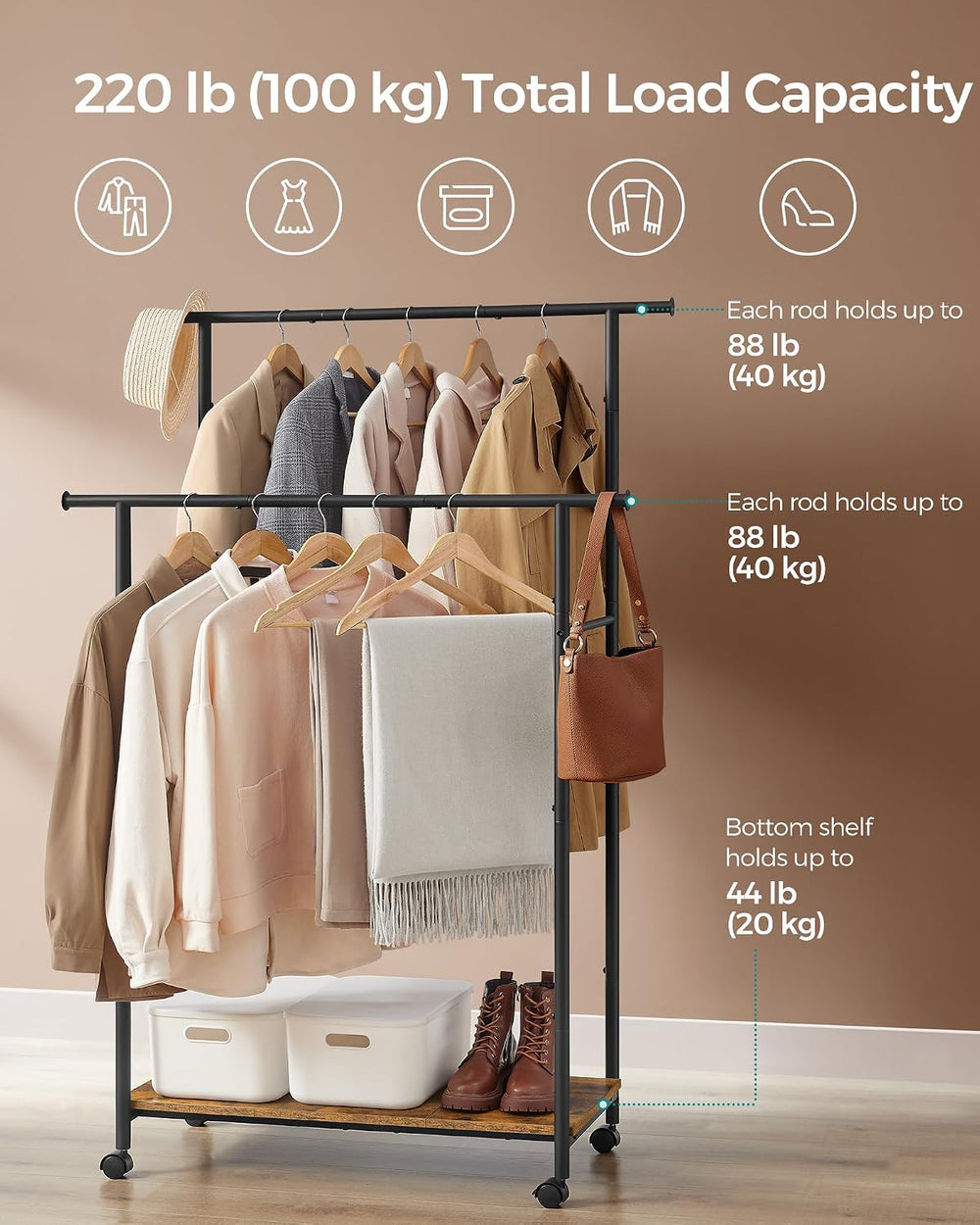 SONGMICS Clothes Rack with Wheels, Steel Garment Rack with Shelf