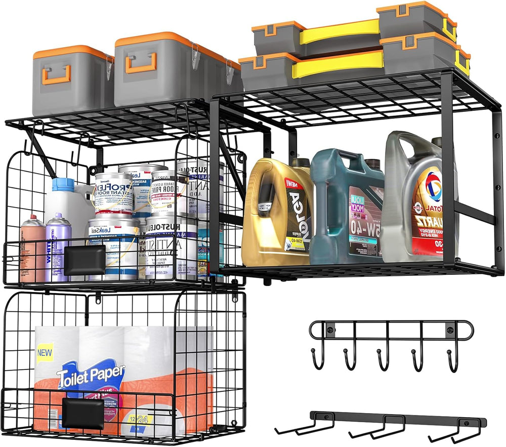 ThreeHio Garage Shelf Wall Mounted with Wire Baskets, Heavy Duty Garage Wall ...