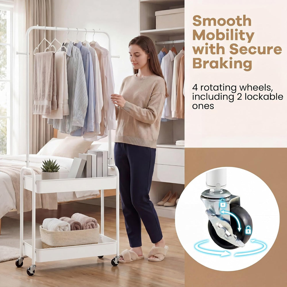 COSTWAY 3 in 1 Rolling Metal Clothes Rack with 2 Baskets & Hooks (White)