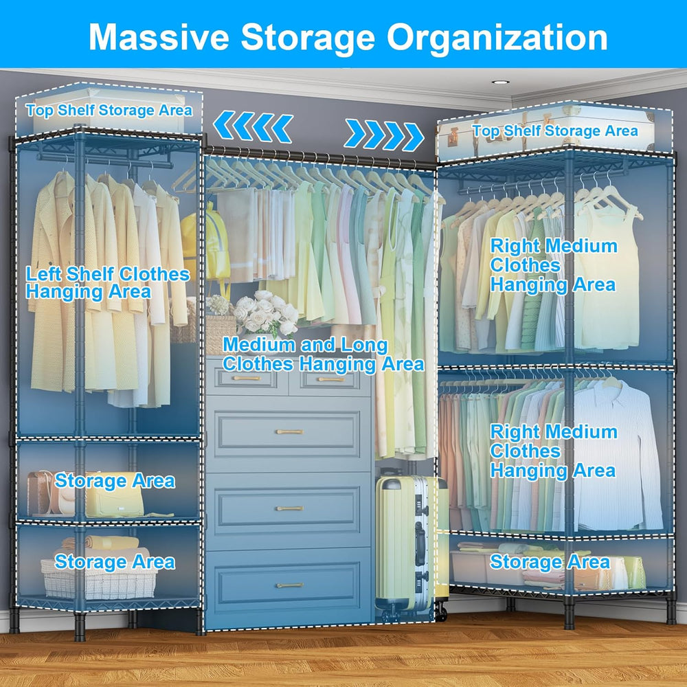 ULIFHOME E10L L-Shaped Clothes Rack for Corner(With Expandable Hanger Rod)Hea...