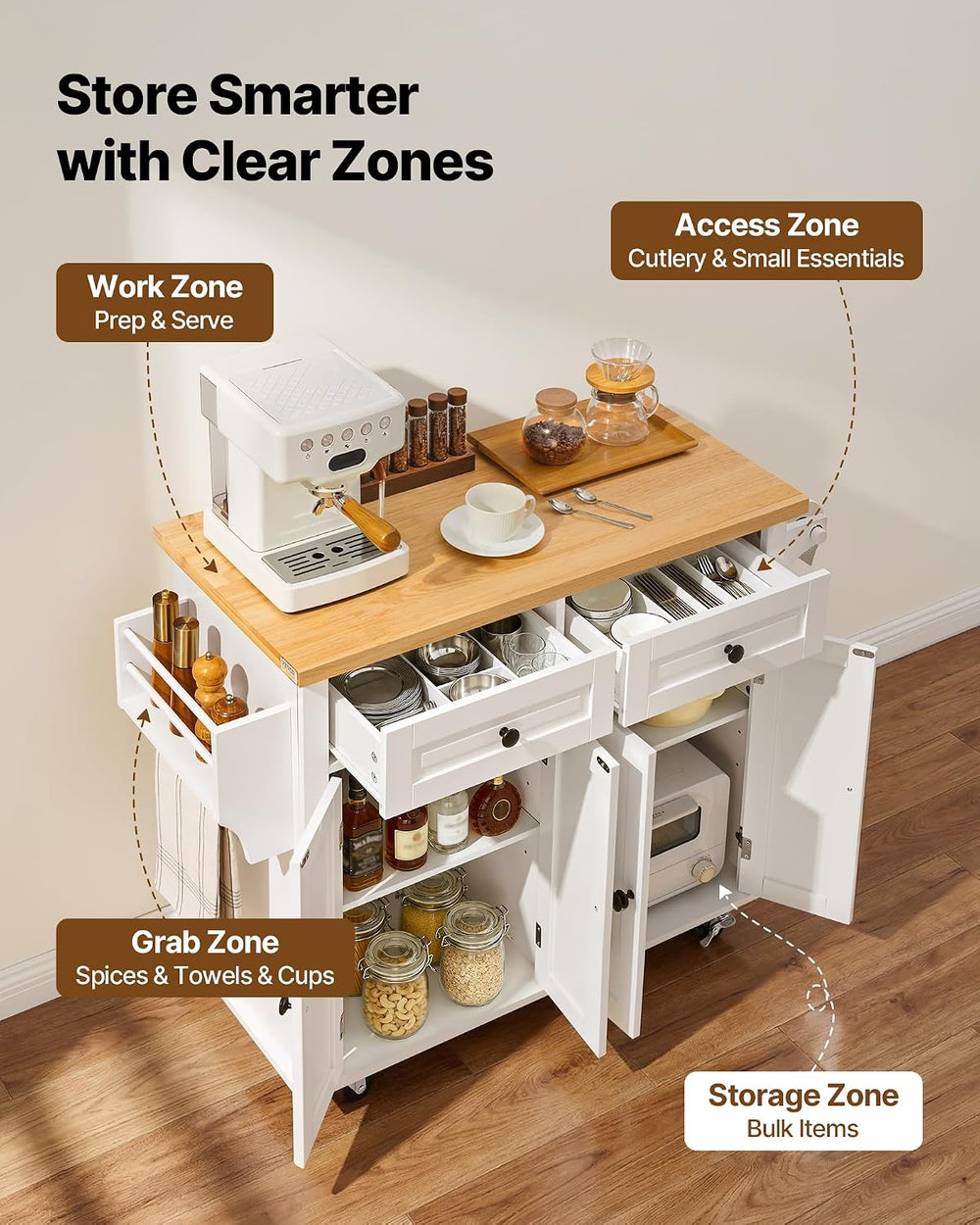 VEVOR Kitchen Island Cart with Solid Wood Top, 35.4" Width Mobile Carts ...